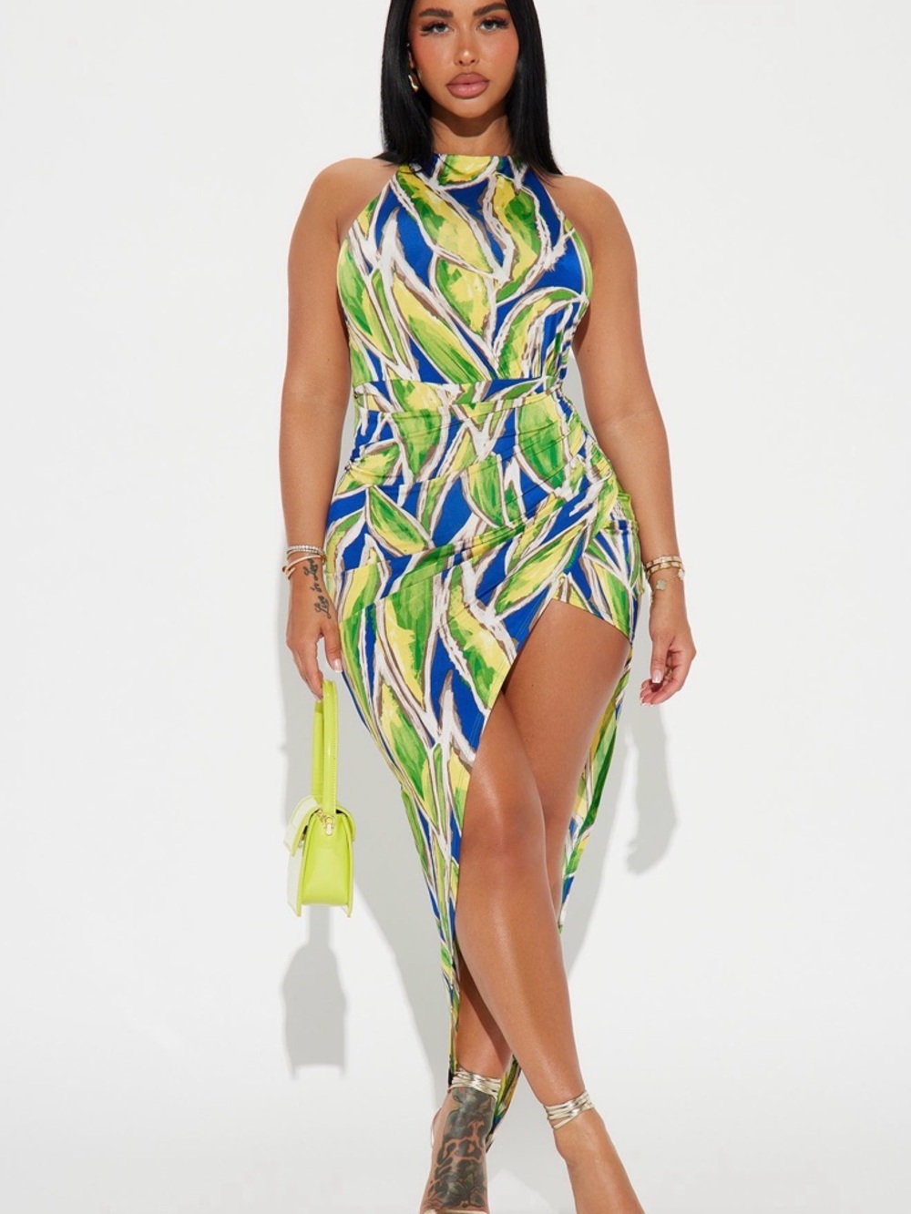 Tropical Print Halter Midi Maxi Dress in Blue & Green
